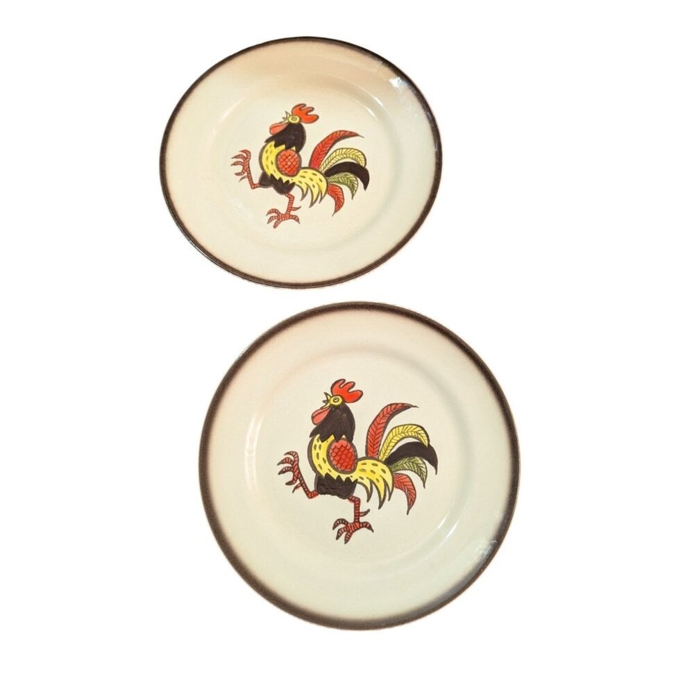 Vintage Metlox‎ Poppytrail Red Rooster Ceramic Dinner Plate 10" Set Of 2
